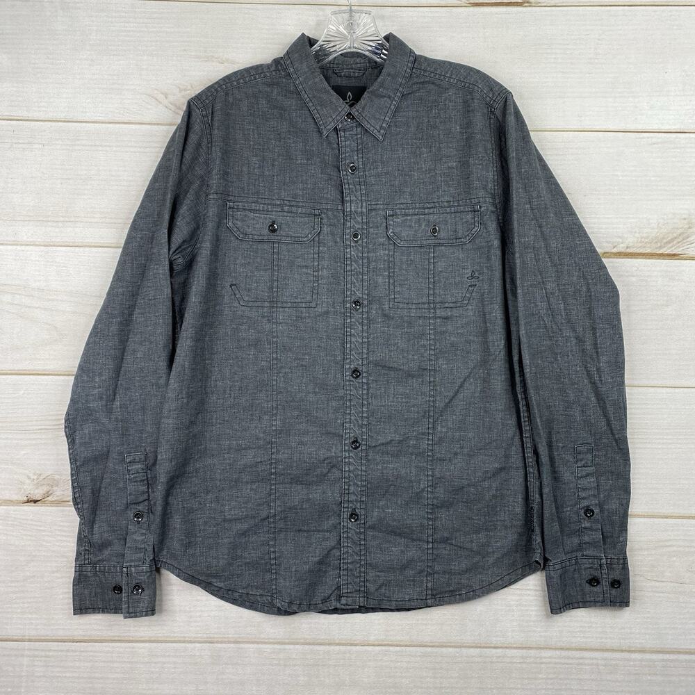 Prana Shirt Mens S Gray Long Sleeve Button Up Hemp Blend Hiking Outdoors Pockets